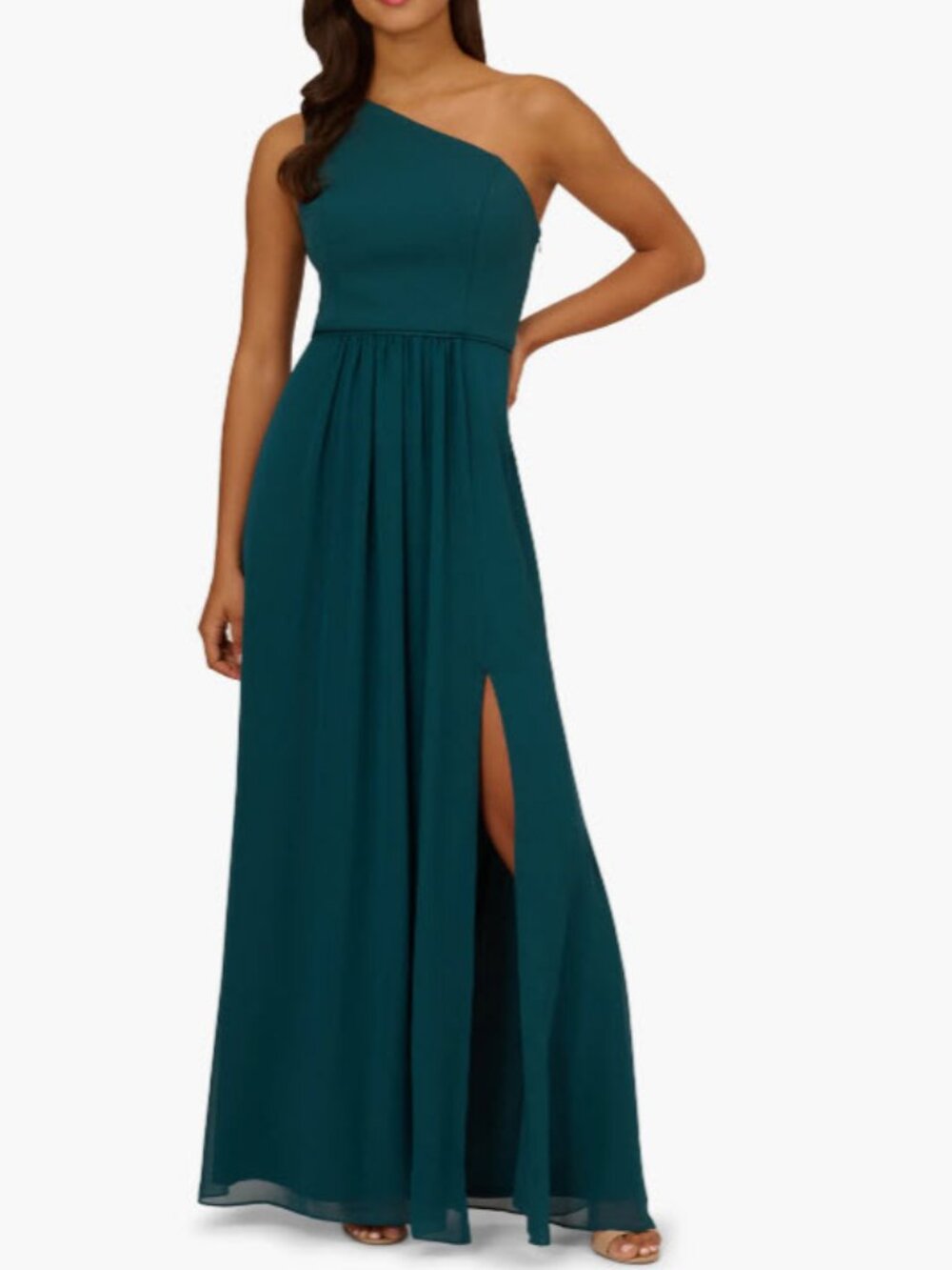 Adrianna Papell Teal One Shoulder Crepe Chiffon Gown (size 6)